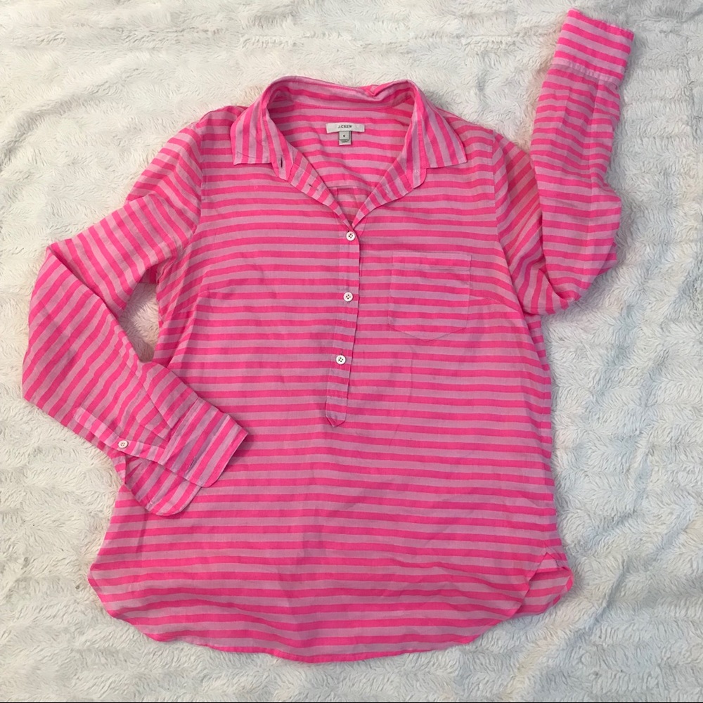 J. Crew Long Sleeve Stripe Neon Pink Button Top